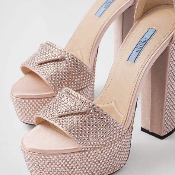Prada Pink Embellished Platform Heels Logo Satin Crystal Sandals Open Toe - Picture 2 of 10